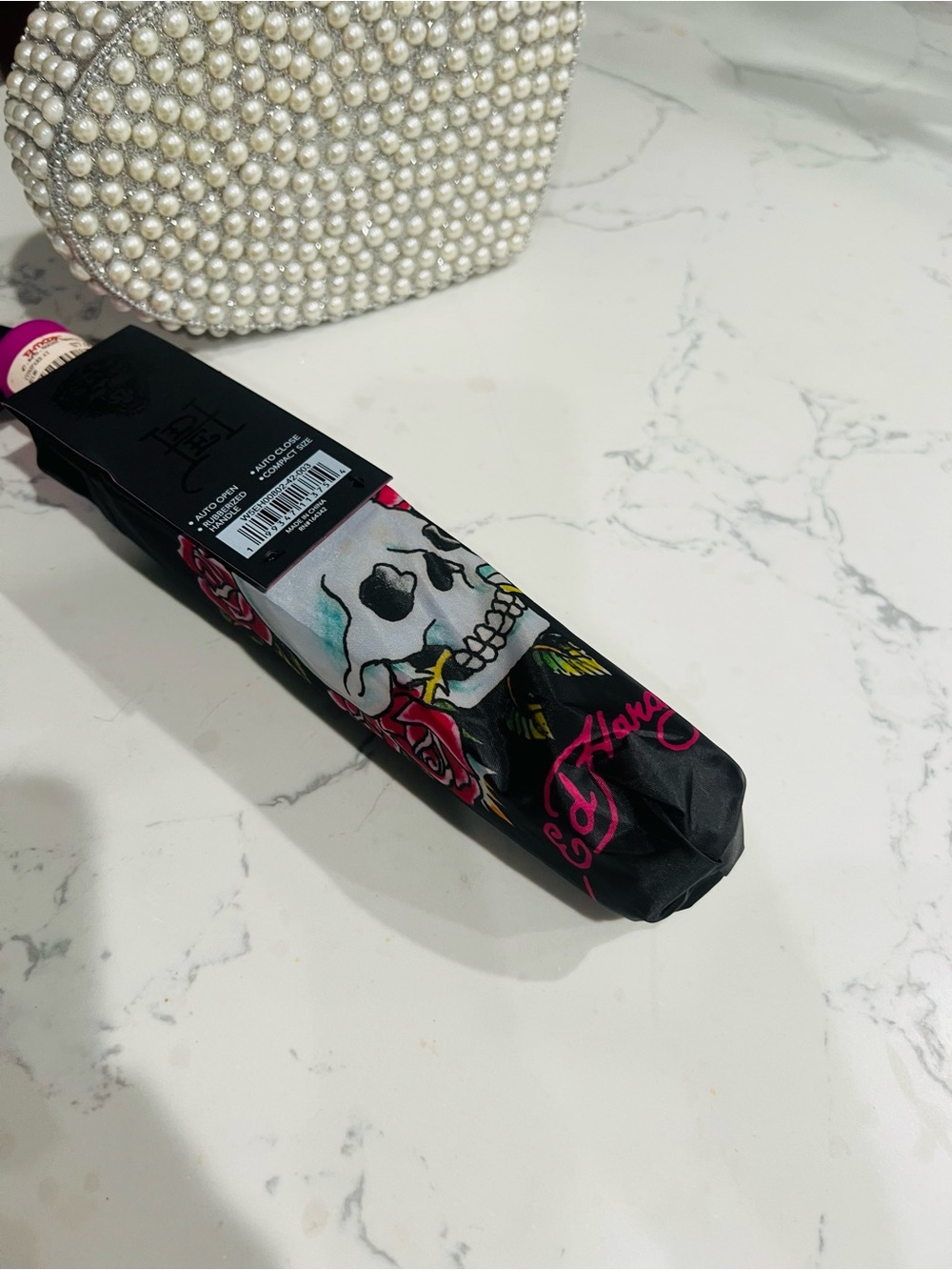 Ed Hardy Black Umbrella with Skull, Pink & Red Rose Graphic